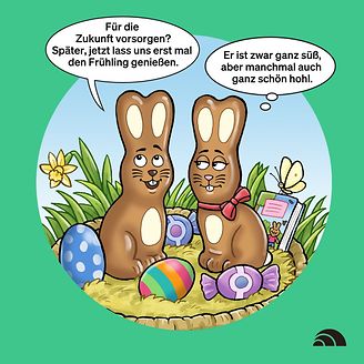Oster-Cartoon: Schoko-Osterhasen und die Vorsorge (© GDV)